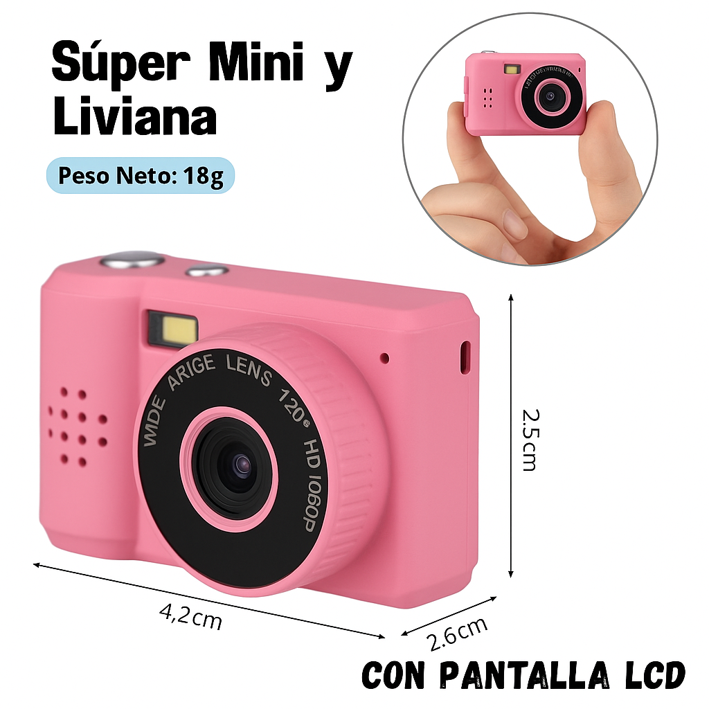 Zeyran– Mini Cámara Rosada y Negra 1080p con Pantalla LCD