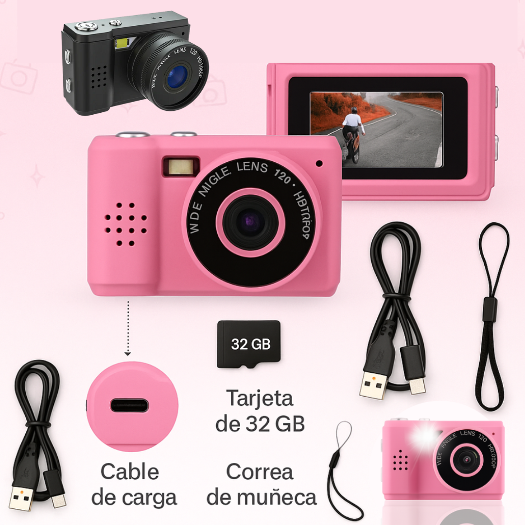 Zeyran– Mini Cámara Rosada y Negra 1080p con Pantalla LCD